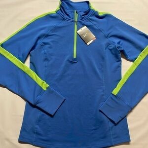 Nike women’s 1/4 zip running athletic sky blue/neon green top size M